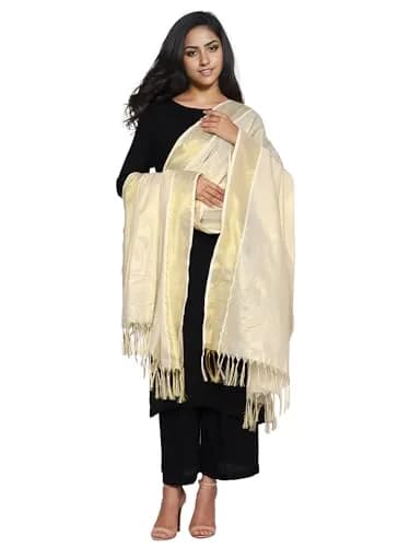 Fashily Women's Off White Cotton Dupatta (Gold Kasavu) | Traditional Kerala Style thumbnail 2