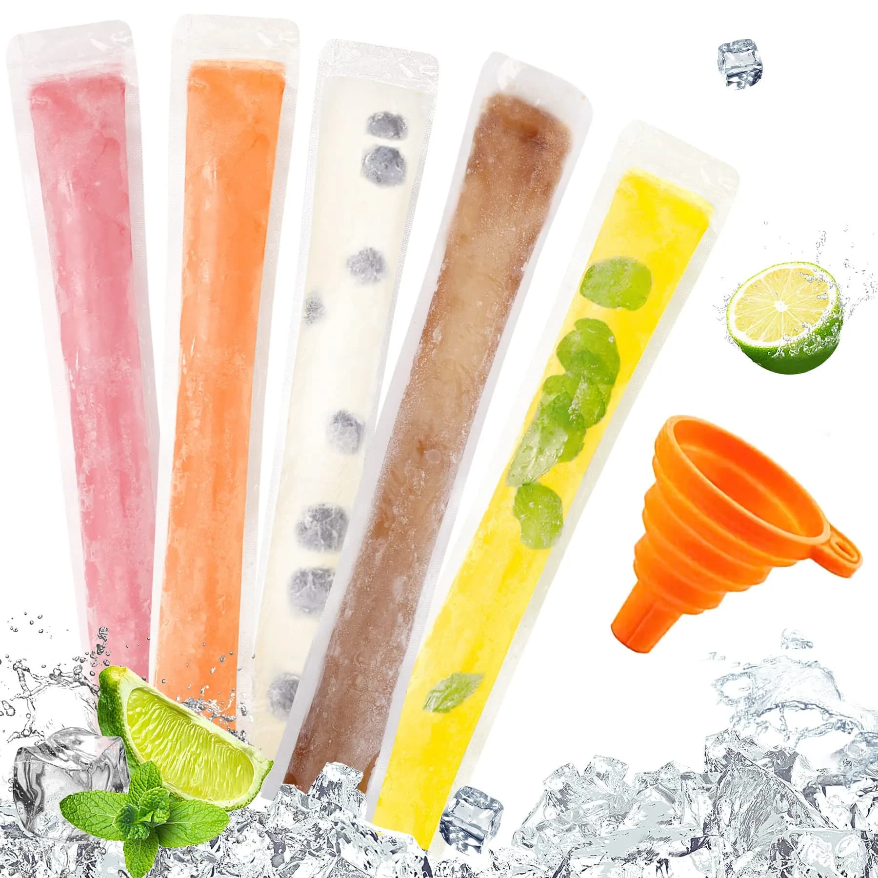 FEBSNOW Disposable Ice Pop Bags with Funnel, 160 Pcs (19cm x 5cm) | BPA-Free Plastic for Healthy Homemade Frozen Treats - main product image