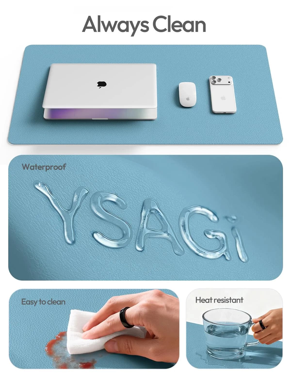 YSAGi Sea Blue PU Leather Desk Protector Mat, Large Mouse Pad, 35.4" x 17" | Protects Desk Surface, Waterproof Writing Pad - view 7