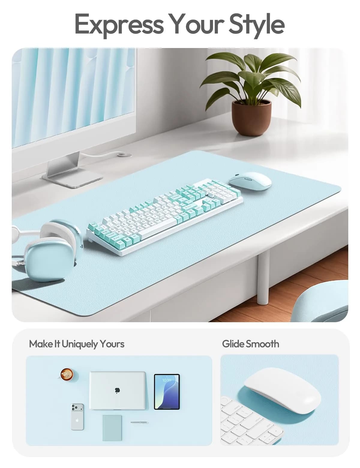 YSAGi Baby Blue PU Leather Desk Protector Large Mouse Mat 80cm x 40cm | Protects Desks, Doubles as Mouse Pad - view 2
