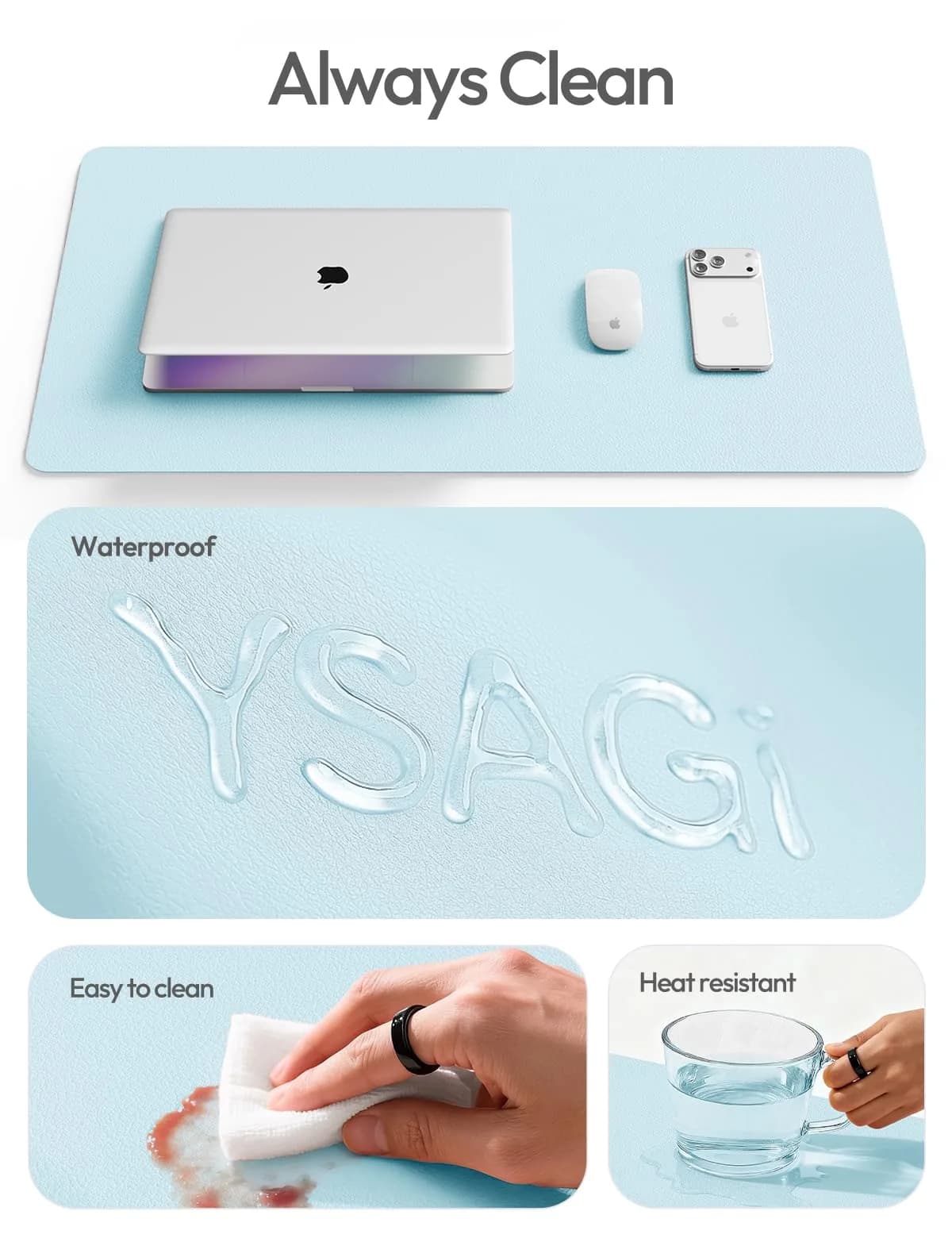 YSAGi Baby Blue PU Leather Desk Protector Large Mouse Mat 80cm x 40cm | Protects Desks, Doubles as Mouse Pad - view 8