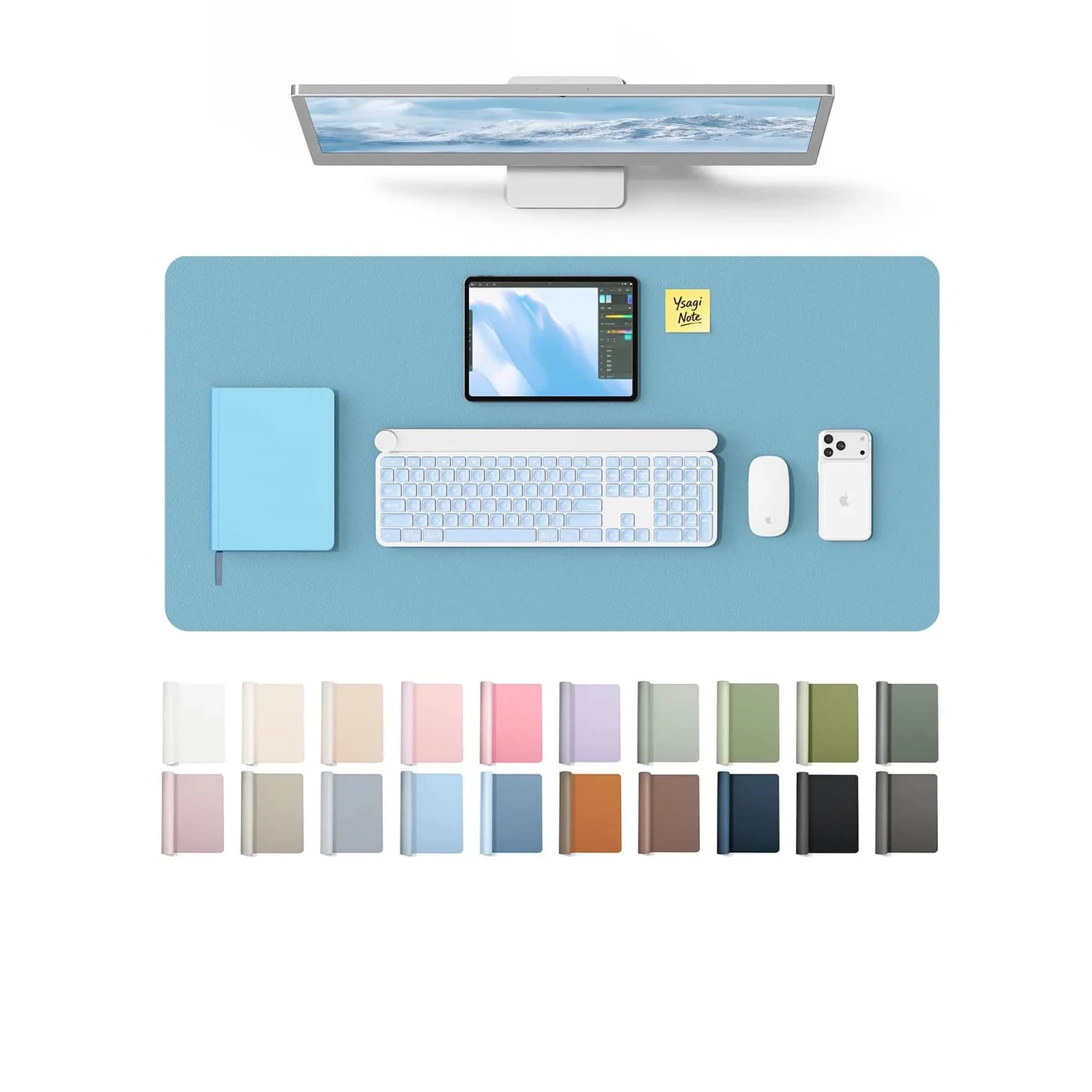 YSAGi Leather Desk Protector Mat 89.9 cm x 43.2 cm (35.4" x 17") | Protects Desks, Doubles as Large Mouse Pad — Sea Blue / 31.5" x 15.8"