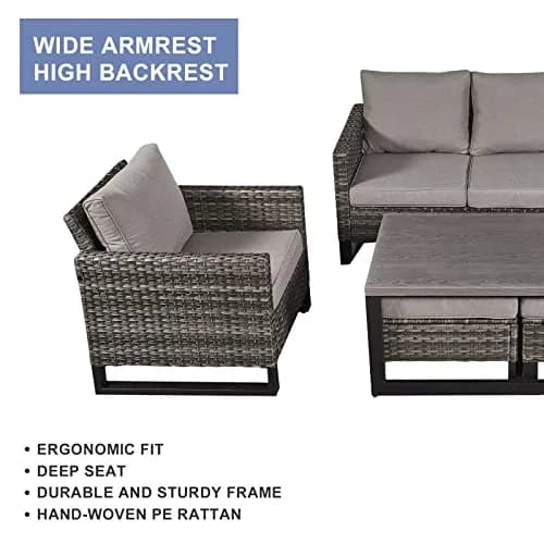 HUMMUH 6 Piece Patio Furniture Set All Weather Wicker, High Back Chairs, Coffee Table & Ottomans | Weather-Resistant Outdoor Lounge thumbnail 8