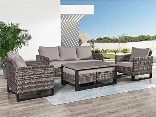HUMMUH 6 Piece Patio Furniture Set All Weather Wicker, High Back Chairs, Coffee Table & Ottomans | Weather-Resistant Outdoor Lounge thumbnail 3