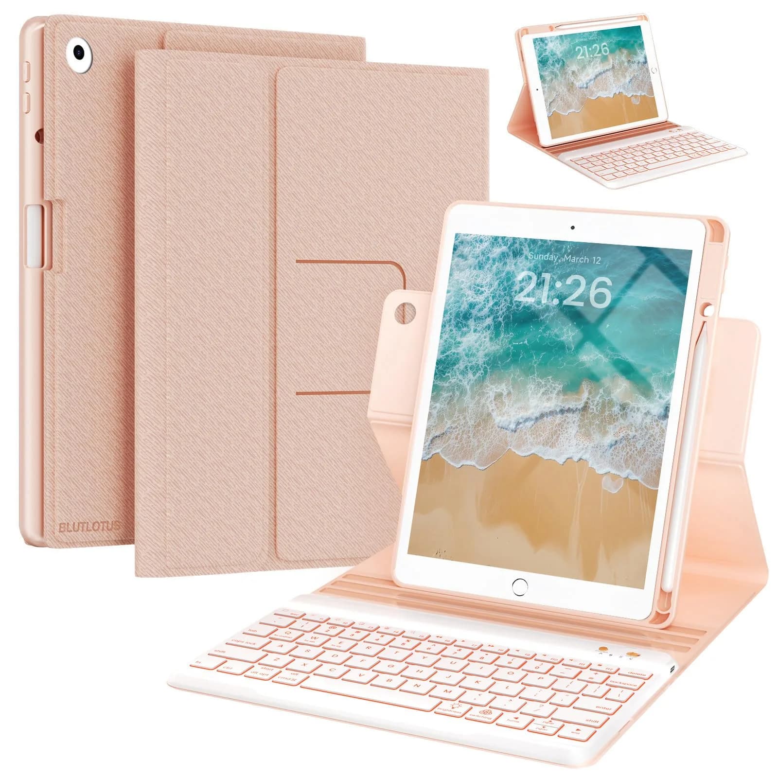BLUTLOTUS Keyboard Case for iPad 5th/6th Gen 9.7" | Wireless Backlit Detachable Keyboard with Pencil Holder — Pink / 360 Rotating for iPad 5th/6th/Air 2