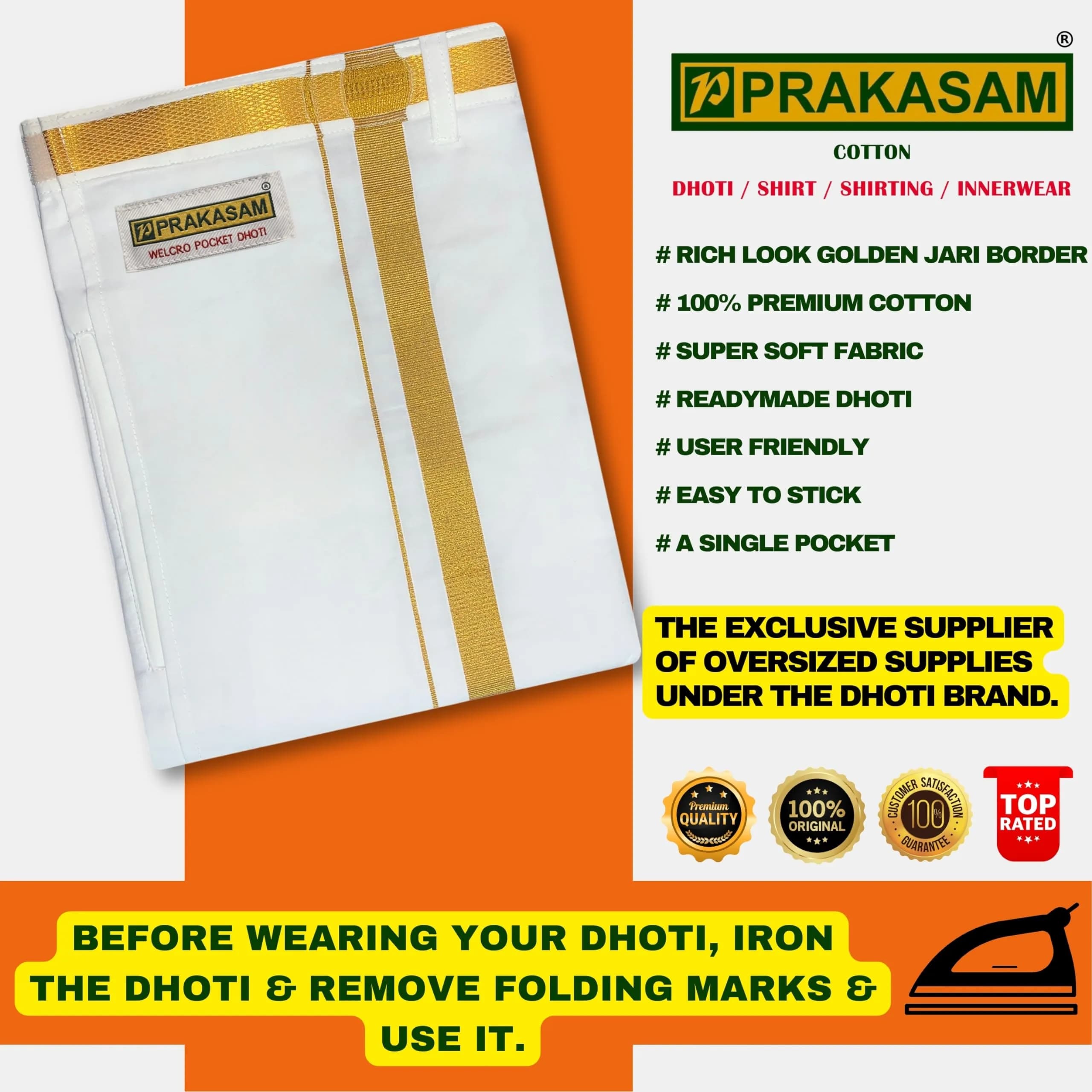 PRAKASAM COTTON Men's Ready Made Dhoti with Pocket & Velcro - White, 42 cm (16.5 in) - view 6