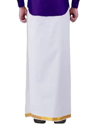 PRAKASAM COTTON Ready Made Dhoti with Pocket & Gold Jari Trim, 100% Cotton, White, 48 (122cm) thumbnail 2