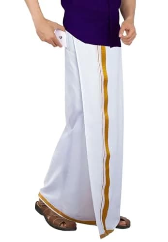 PRAKASAM COTTON White Dhoti 54 (137 cm) | Ready-Made Hook & Loop with Pocket thumbnail 1