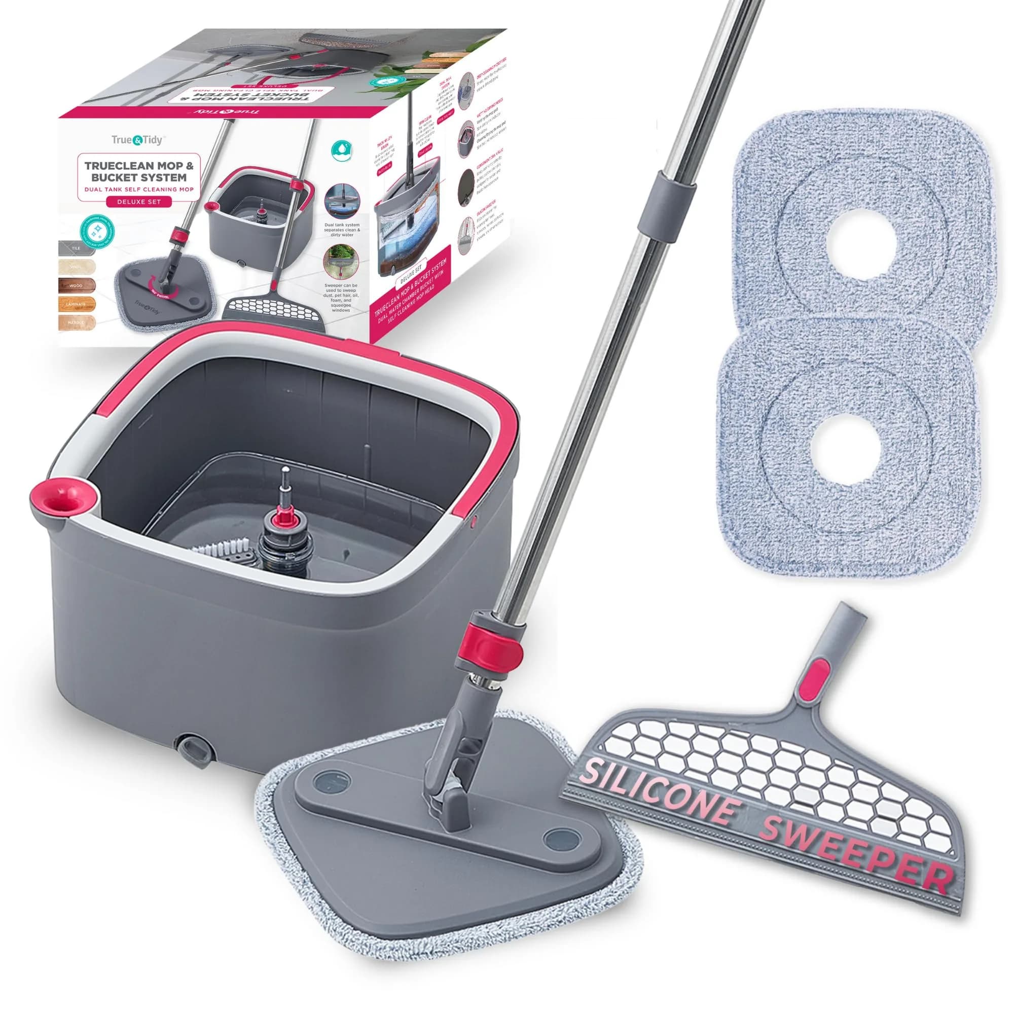 True & Tidy True Clean Spin Mop & Bucket System – Dual Compartment, 360° Swivel, Stainless Steel Handle, Microfiber Pads