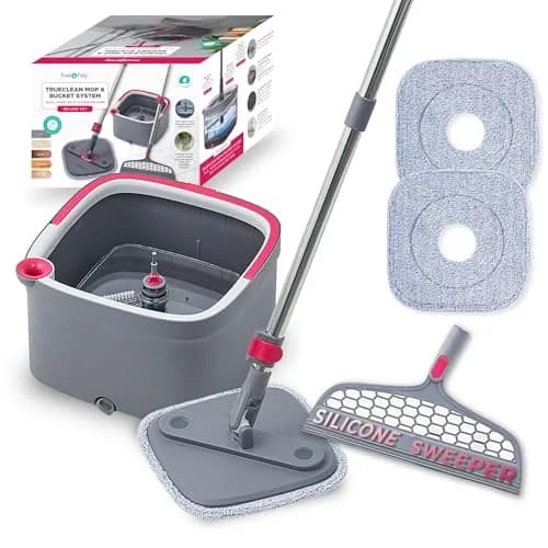 True & Tidy True Clean Spin Mop & Bucket System – Dual Compartment, 360° Swivel, Stainless Steel Handle, Microfiber Pads thumbnail 1