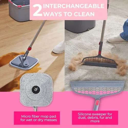 True & Tidy True Clean Spin Mop & Bucket System – Dual Compartment, 360° Swivel, Stainless Steel Handle, Microfiber Pads thumbnail 4