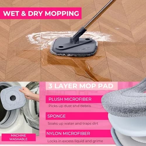 True & Tidy True Clean Spin Mop & Bucket System – Dual Compartment, 360° Swivel, Stainless Steel Handle, Microfiber Pads thumbnail 5