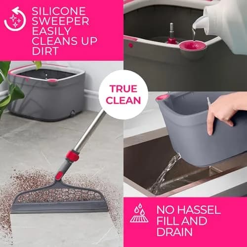 True & Tidy True Clean Spin Mop & Bucket System – Dual Compartment, 360° Swivel, Stainless Steel Handle, Microfiber Pads thumbnail 6