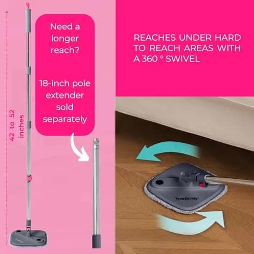 True & Tidy True Clean Spin Mop & Bucket System – Dual Compartment, 360° Swivel, Stainless Steel Handle, Microfiber Pads thumbnail 8