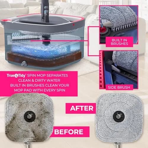 True & Tidy True Clean Spin Mop & Bucket System – Dual Compartment, 360° Swivel, Stainless Steel Handle, Microfiber Pads thumbnail 2