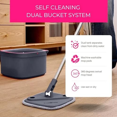 True & Tidy True Clean Spin Mop & Bucket System – Dual Compartment, 360° Swivel, Stainless Steel Handle, Microfiber Pads thumbnail 3