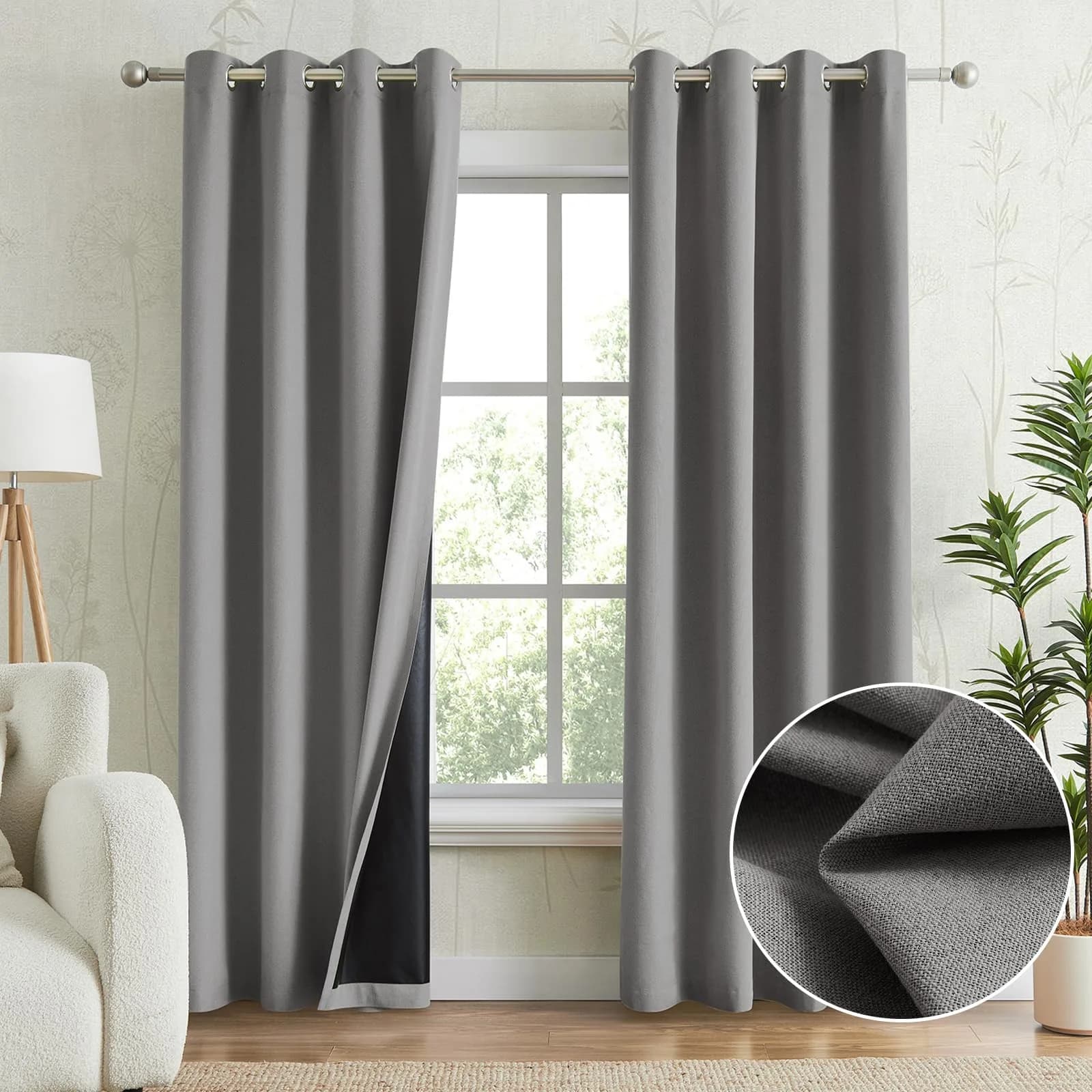 Anpark Grey Blackout Curtains 52 x 96 Inch | Thermal Linen Look Grommet Drapes for Bedroom & Living Room