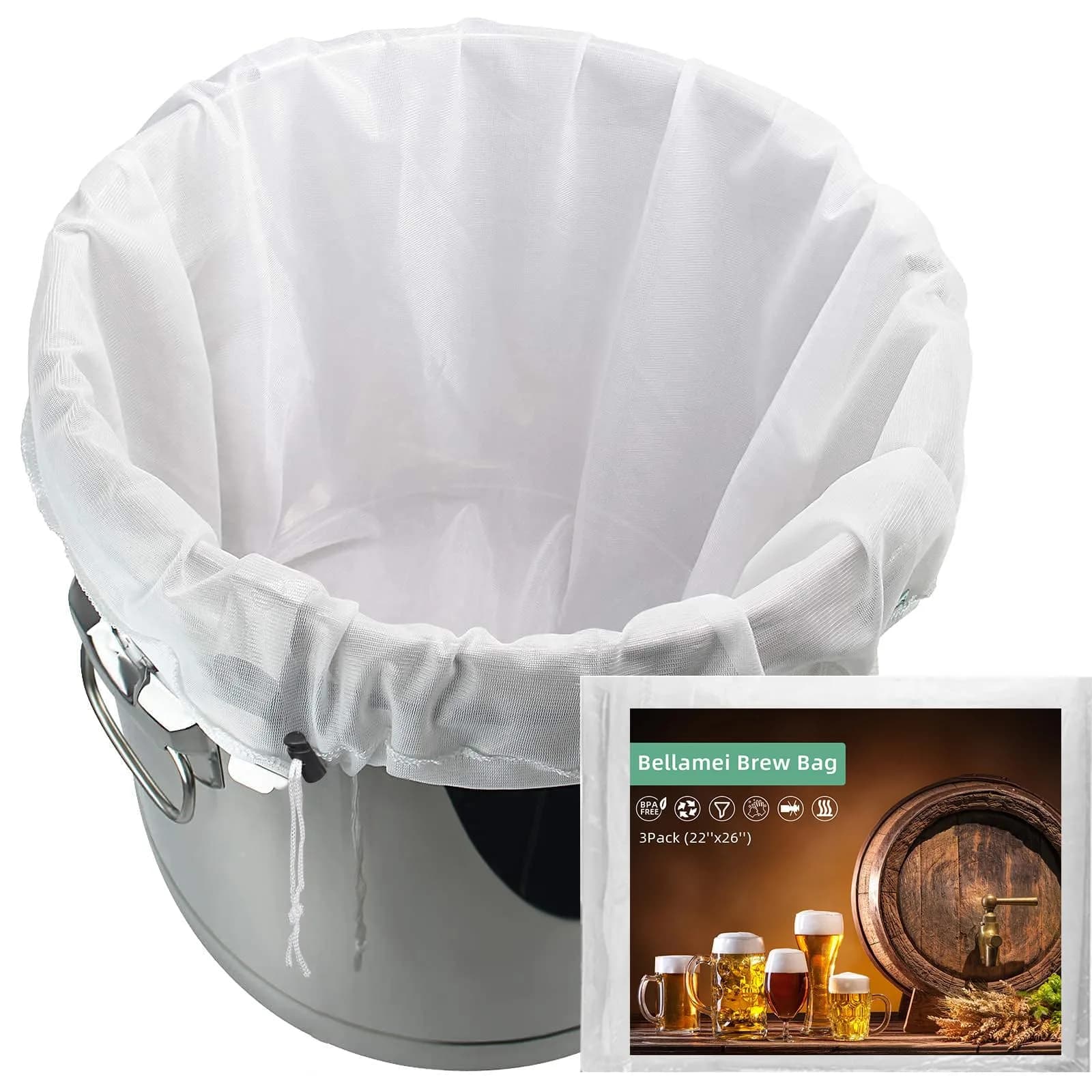 Bellamei Reusable Brew Bag 3 Pack 56cm x 66cm (22"x26") 250 Micron Fine Mesh for Beer Brewing - main product image