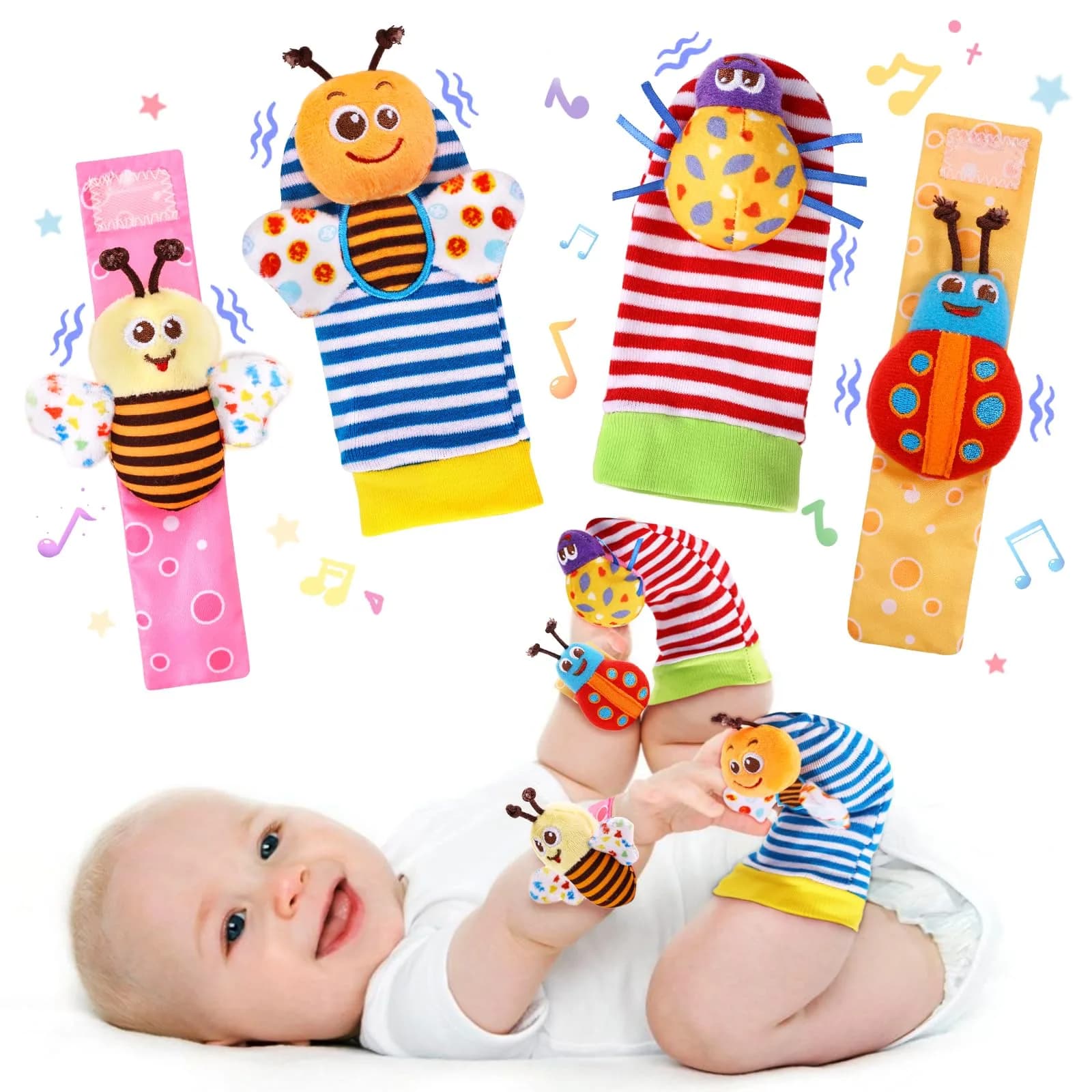 PADONISE Baby Wrist Rattle Socks and Foot Finder Set | Soft, Safe & Stimulating Baby Toys - main product image