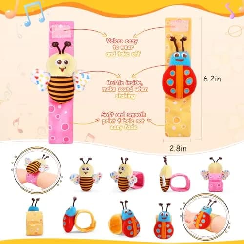 PADONISE Baby Wrist Rattle Socks and Foot Finder Set | Soft, Safe & Stimulating Baby Toys thumbnail 2