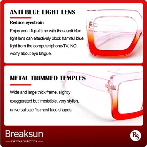 Breaksun Oversized Blue Light Glasses for Women Fashion Thick Square Computer Eyewear Non-Prescription Black Glasses (Purple Red) | Stylish & Protective thumbnail 6