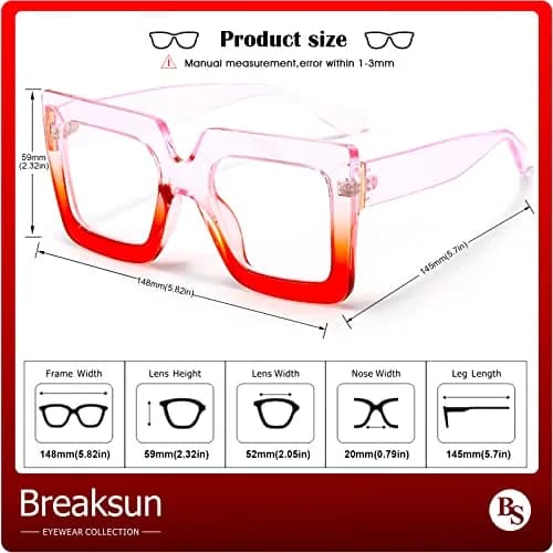 Breaksun Oversized Blue Light Glasses for Women Fashion Thick Square Computer Eyewear Non-Prescription Black Glasses (Purple Red) | Stylish & Protective thumbnail 7