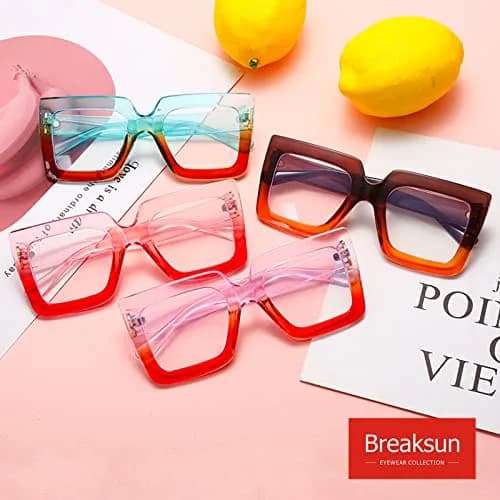 Breaksun Oversized Blue Light Glasses for Women Fashion Thick Square Computer Eyewear Non-Prescription Black Glasses (Purple Red) | Stylish & Protective thumbnail 2