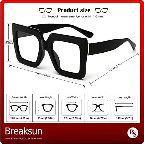 Breaksun Oversized Blue Light Glasses for Women Fashion Thick Square Computer Eyewear Non-Prescription Black thumbnail 5