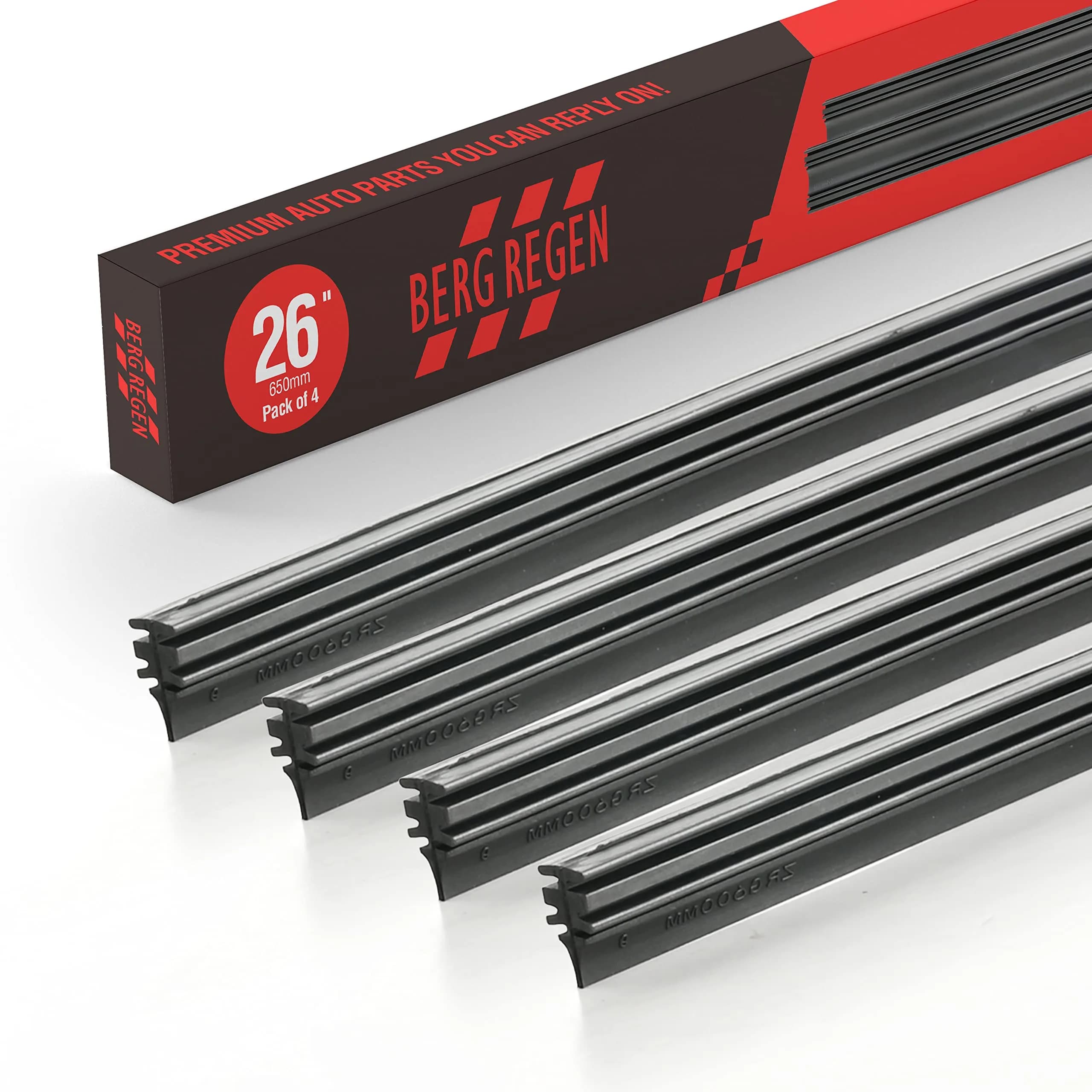 BERG REGEN 32 inch Frameless Windshield Wiper Refills | Universal 4 pcs, Adjustable, Rubber Strips for Tesla, Toyota, Hyundai, Honda — 26 inch-4 pcs
