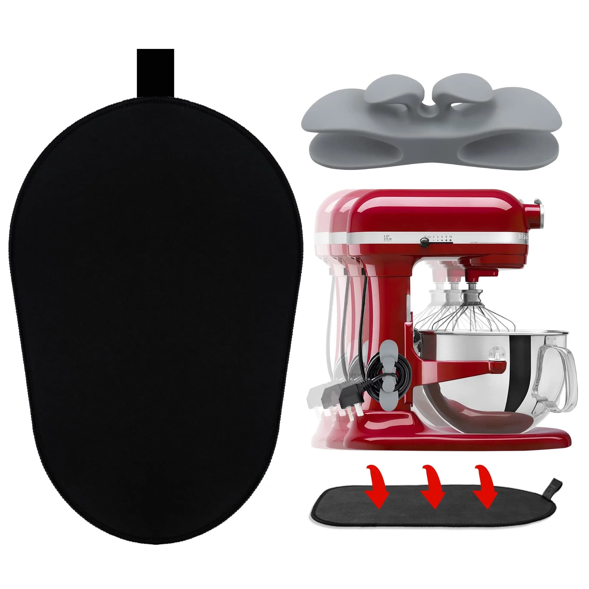 Owowong Sliding Mat for Kitchenaid Mixer 14.57" x 10" | Waterproof Neoprene & Rubber — 6-8 Qt Mat + Grey Cord Organizer
