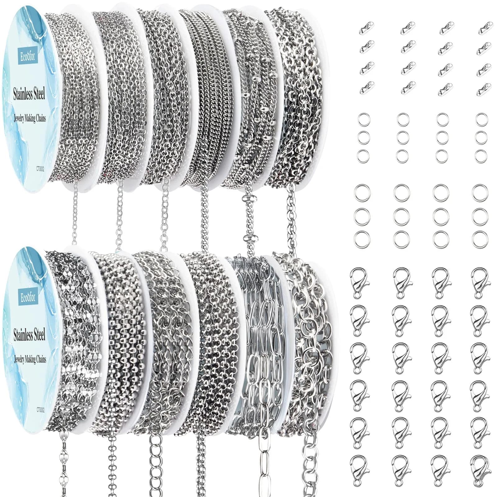 Ecoofor Stainless Steel Jewelry Chain Set with Jump Rings & Clasps | 270.6 meters (95.1 ft) Silver