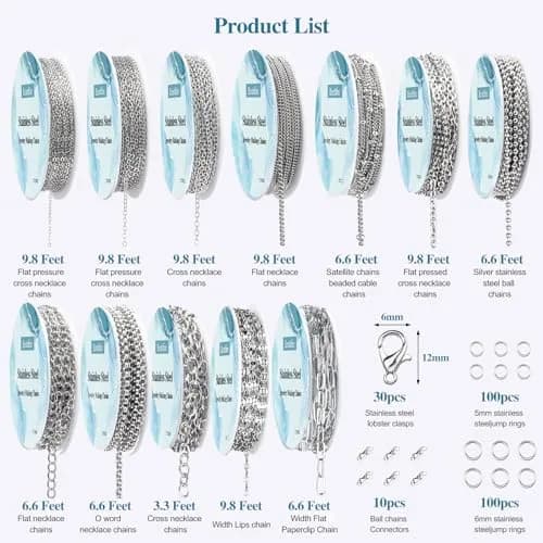 Ecoofor Stainless Steel Jewelry Chain Set with Jump Rings & Clasps | 270.6 meters (95.1 ft) Silver thumbnail 3