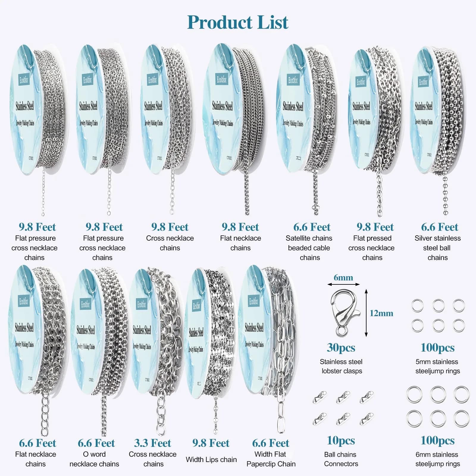 Ecoofor Stainless Steel Jewelry Chain Set with Jump Rings & Clasps | 270.6 meters (95.1 ft) Silver - view 3