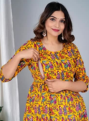 Jikonet Women's Maternity Dress Kurti with Hidden Zip, 3/4 Sleeve, Round Neck, Large, Yellow thumbnail 6