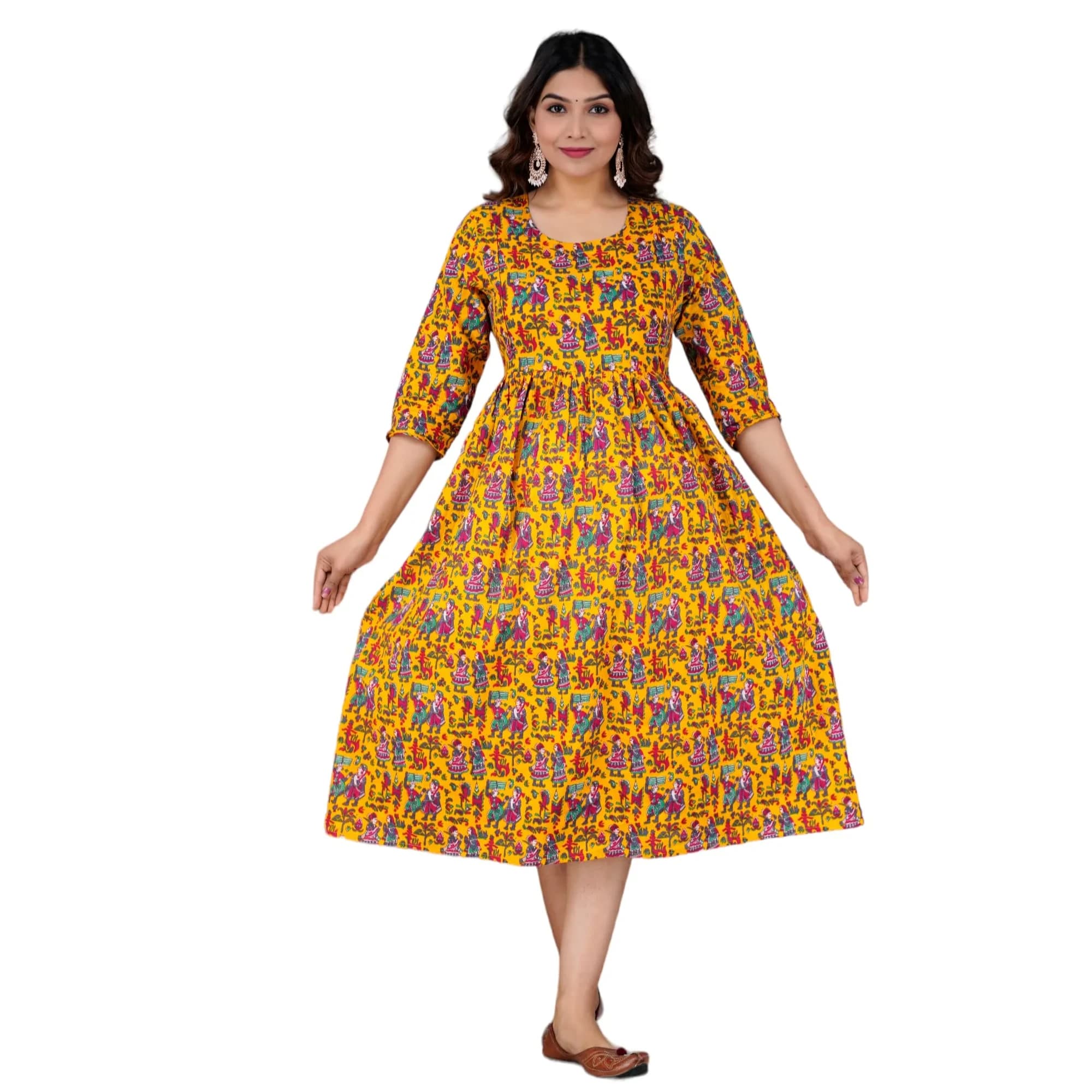 Jikonet Women's Maternity Kurti Dress with Hidden Zip - Anarkali Floral Print, 3/4 Sleeve, Round Neck, XL, Yellow - main product image