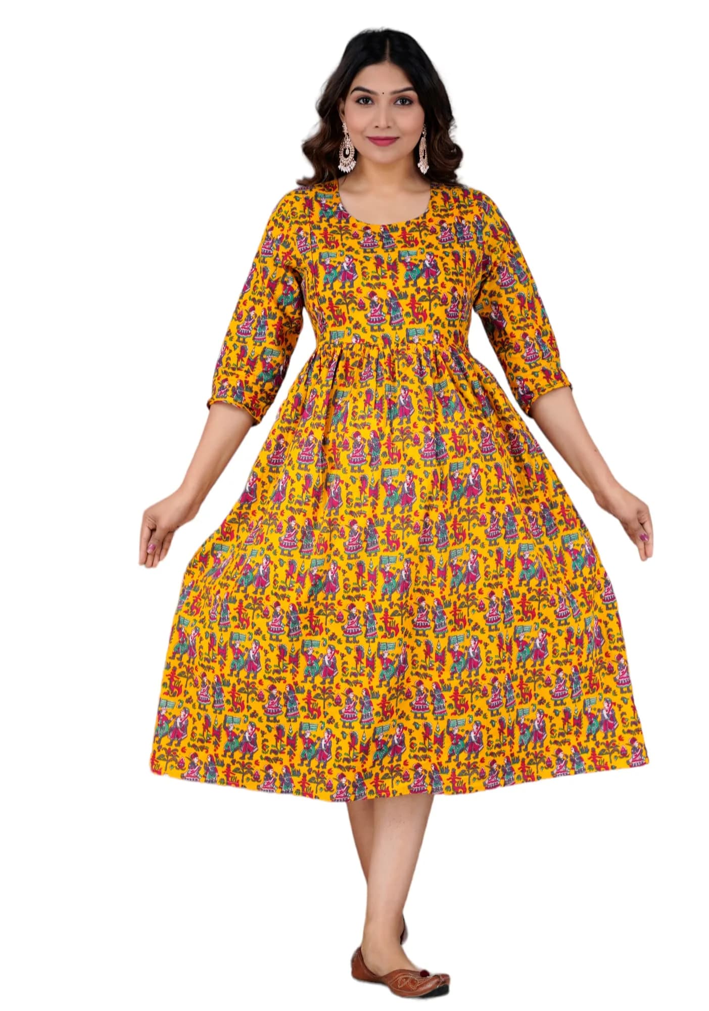 Jikonet Women's Maternity Kurti Dress with Hidden Zip - Anarkali Floral Print, 3/4 Sleeve, Round Neck, XL, Yellow