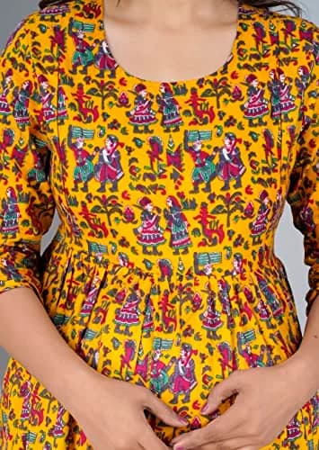 Jikonet Women's Maternity Kurti Dress with Hidden Zip - Anarkali Floral Print, 3/4 Sleeve, Round Neck, XL, Yellow thumbnail 4