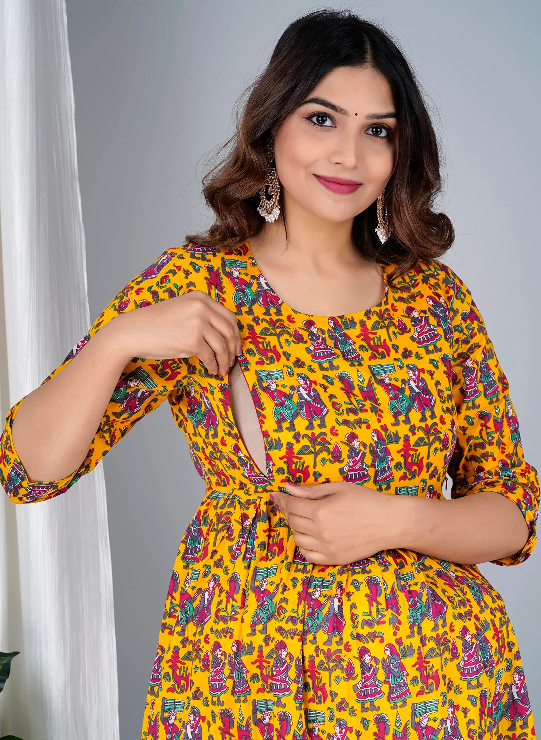 Jikonet Women's Maternity Kurti Dress with Hidden Zip - Anarkali Floral Print, 3/4 Sleeve, Round Neck, XL, Yellow - view 6