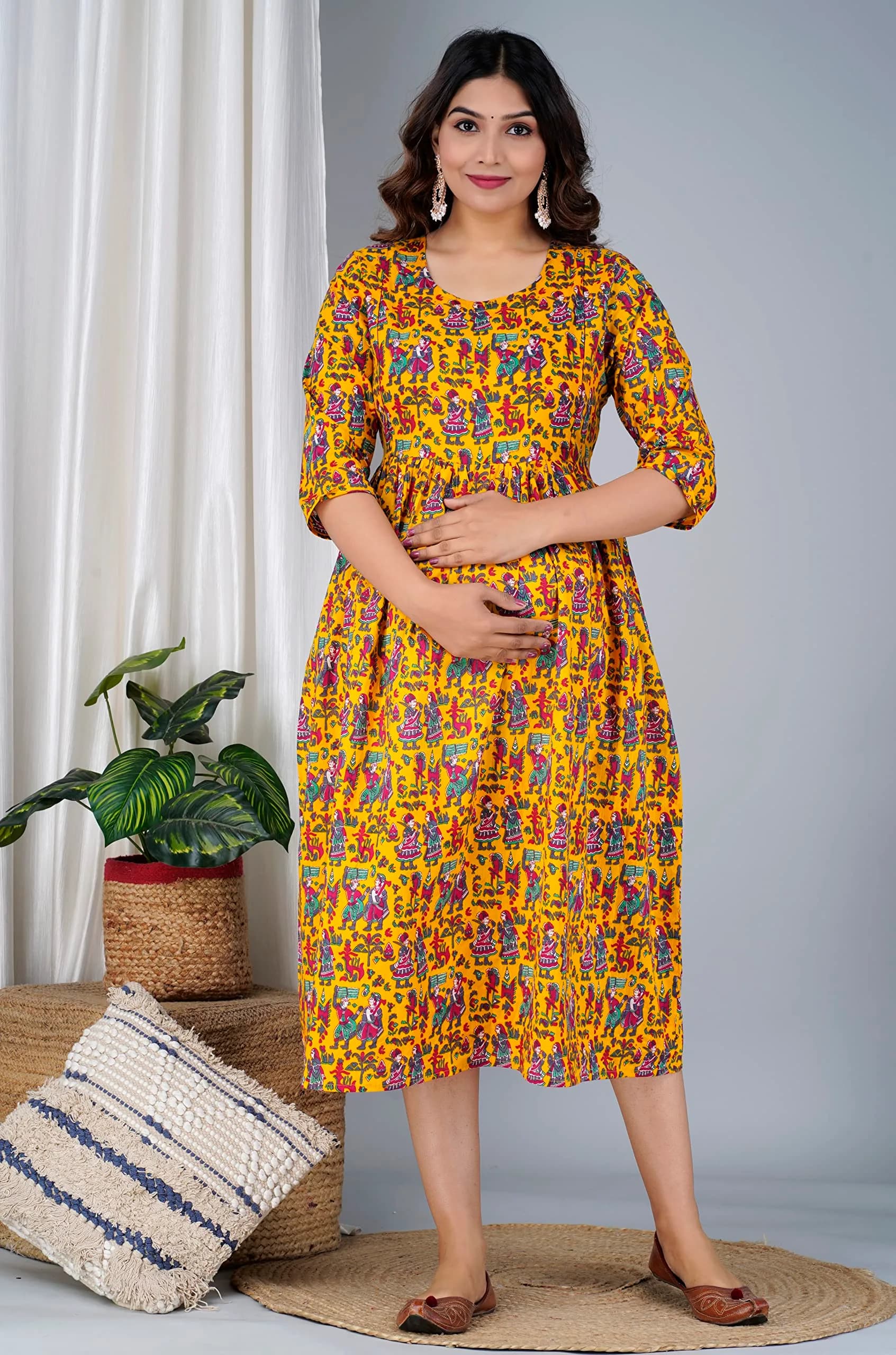 Jikonet Women's Maternity Kurti Dress with Hidden Zip - Anarkali Floral Print, 3/4 Sleeve, Round Neck, XL, Yellow - view 7