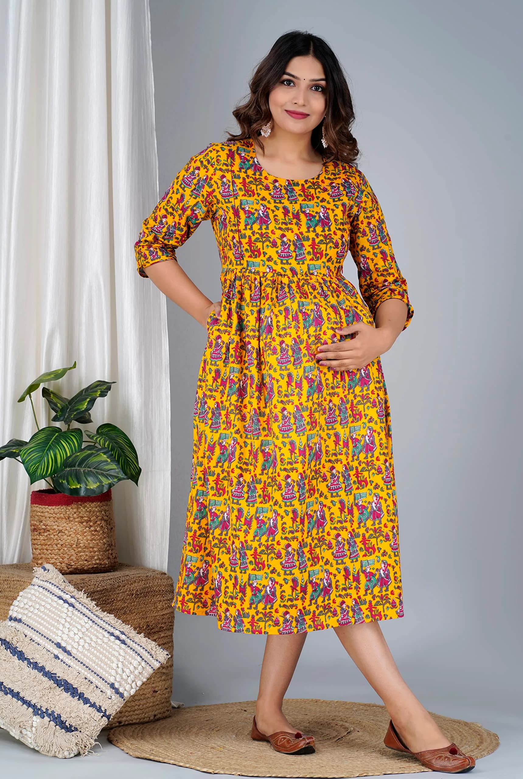 Jikonet Women's Maternity Kurti Dress with Hidden Zip - Anarkali Floral Print, 3/4 Sleeve, Round Neck, XL, Yellow - view 8