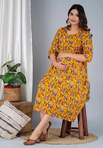 Jikonet Women's Maternity Kurti Dress with Hidden Zip - Anarkali Floral Print, 3/4 Sleeve, Round Neck, XL, Yellow thumbnail 9