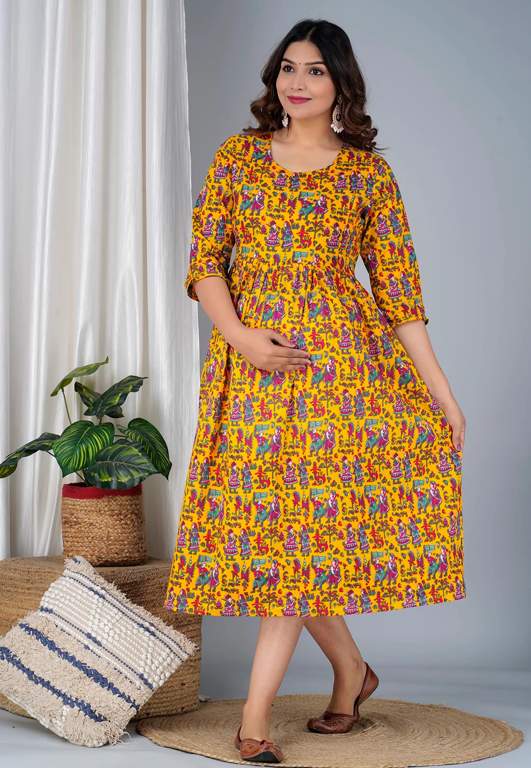 Jikonet Women's Maternity Kurti Dress with Hidden Zip - Anarkali Floral Print, 3/4 Sleeve, Round Neck, XL, Yellow - view 2