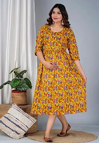 Jikonet Women's Maternity Kurti Dress with Hidden Zip - Anarkali Floral Print, 3/4 Sleeve, Round Neck, XL, Yellow thumbnail 2