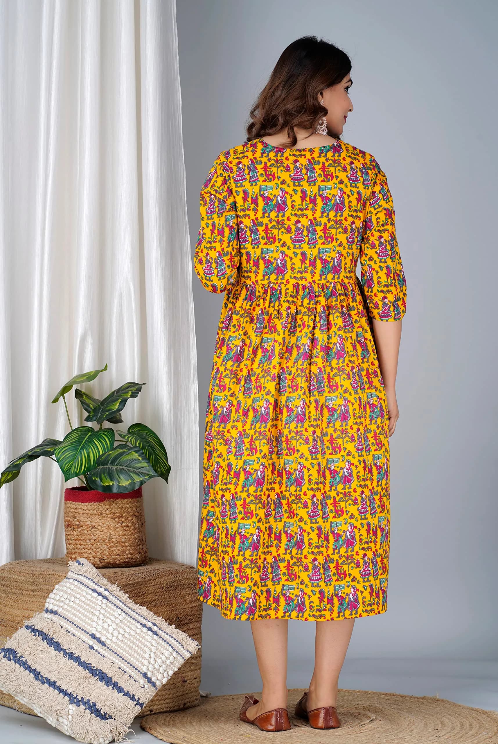 Jikonet Women's Maternity Kurti Dress with Hidden Zip - Anarkali Floral Print, 3/4 Sleeve, Round Neck, XL, Yellow - view 3