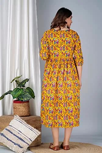 Jikonet Women's Maternity Kurti Dress with Hidden Zip - Anarkali Floral Print, 3/4 Sleeve, Round Neck, XL, Yellow thumbnail 3