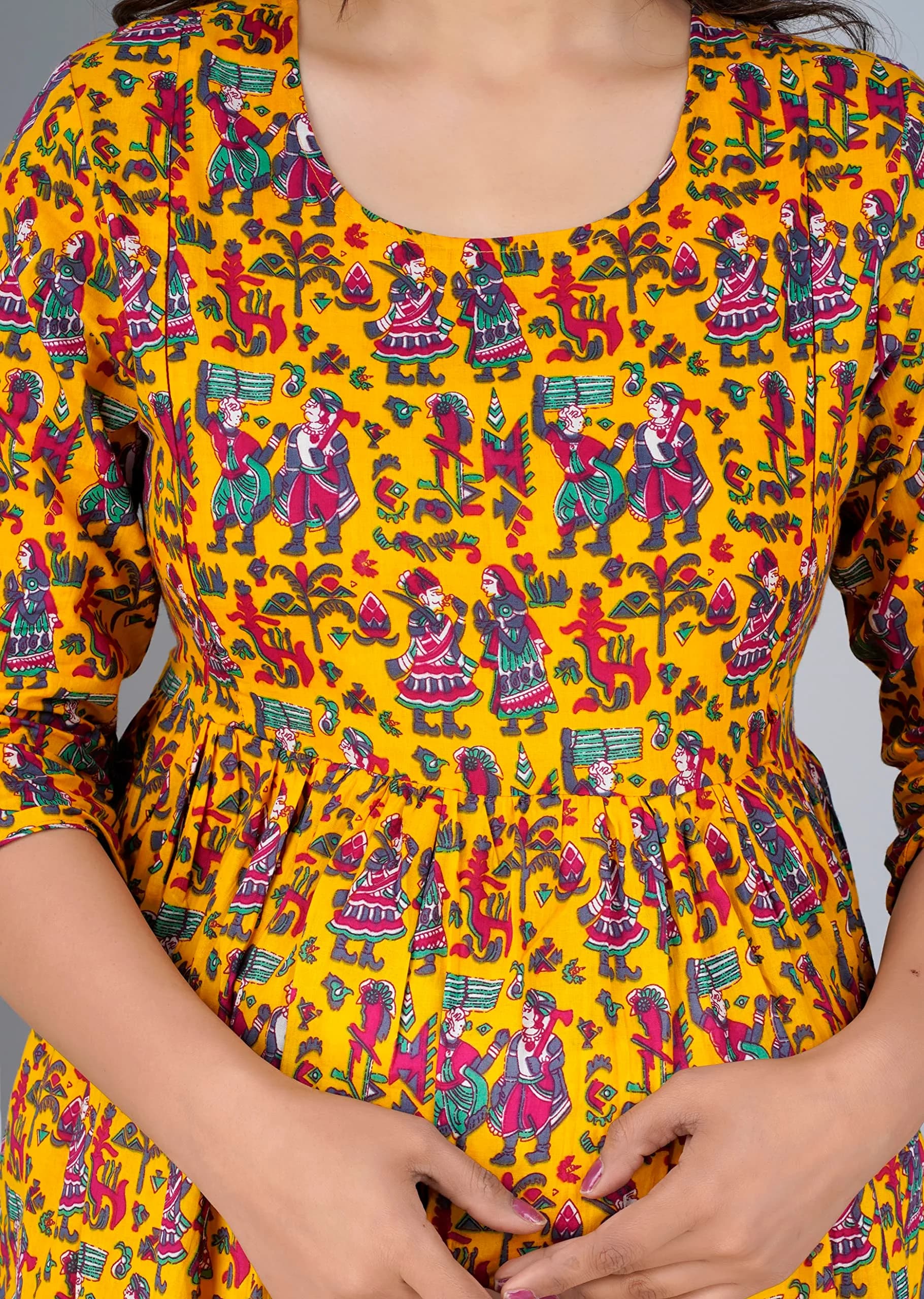 Jikonet Women's Maternity Kurti Dress with Hidden Zip - Anarkali Floral Print, 3/4 Sleeve, Round Neck, XL, Yellow - view 4