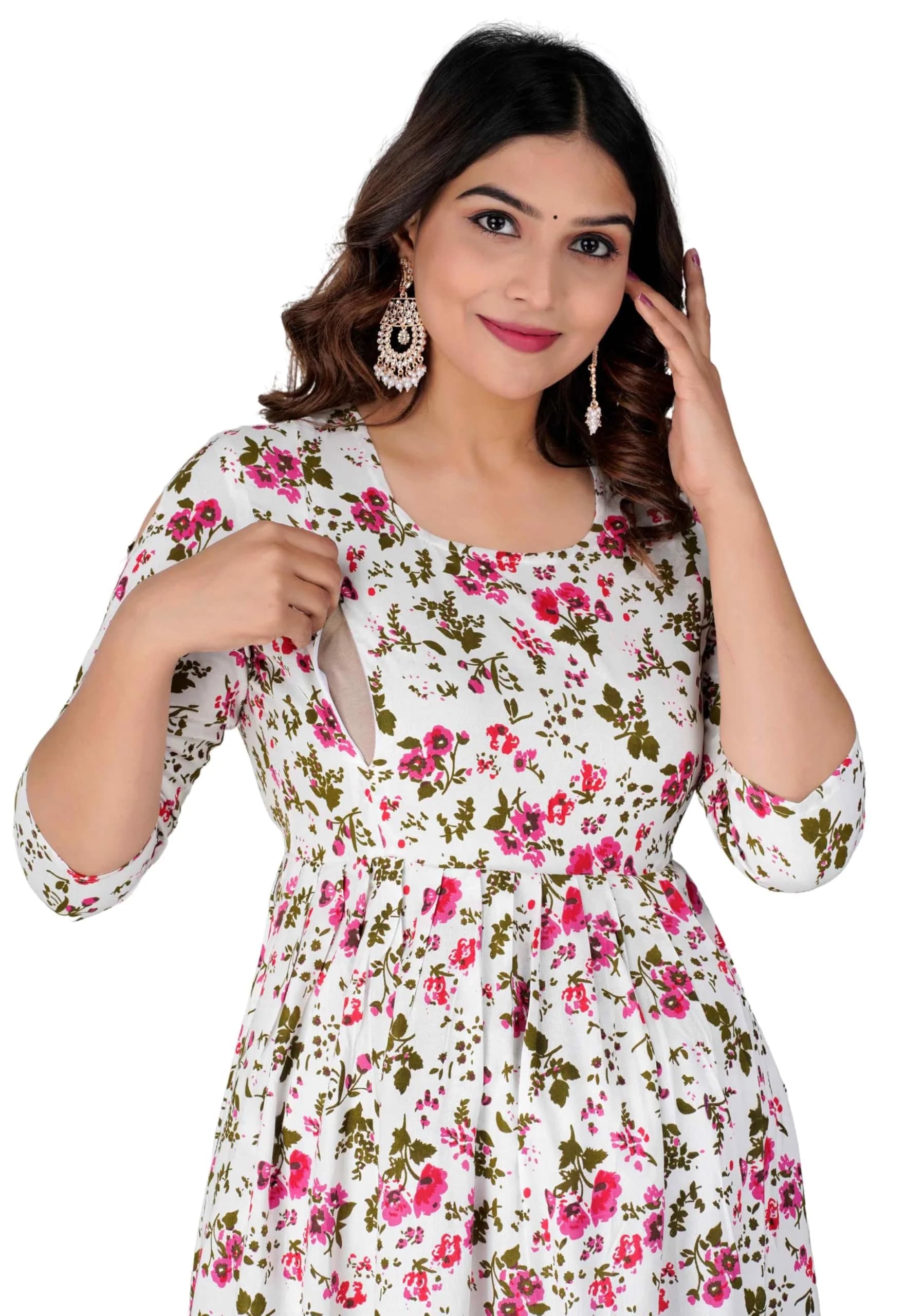 Jikonet White Kurta Maternity Dress with Hidden Zip & Overlapping Flaps for Easy Feeding, 100cm (39.37in) Length | Anarkali Style - main product image