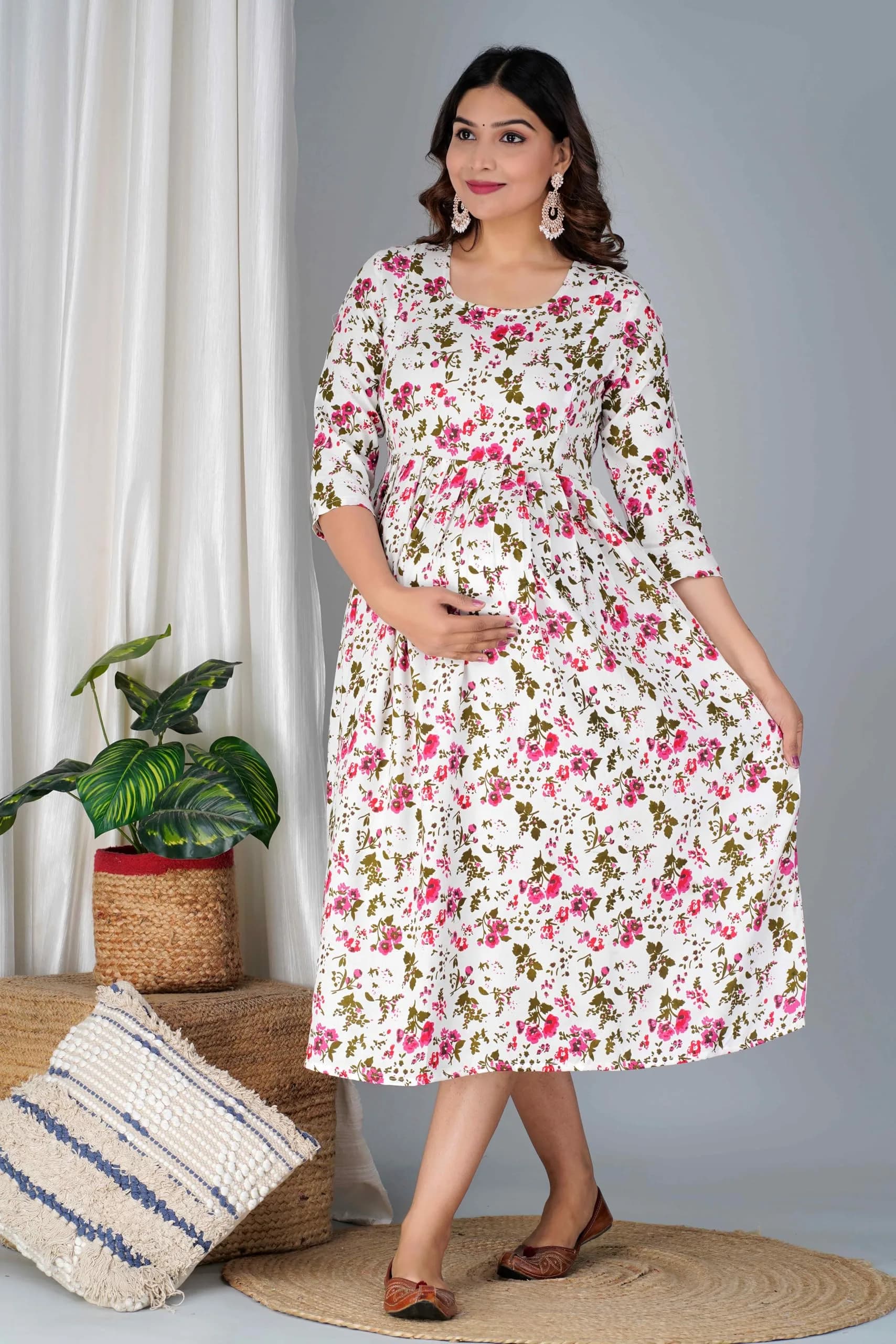 Jikonet White Kurta Maternity Dress with Hidden Zip & Overlapping Flaps for Easy Feeding, 100cm (39.37in) Length | Anarkali Style - view 6