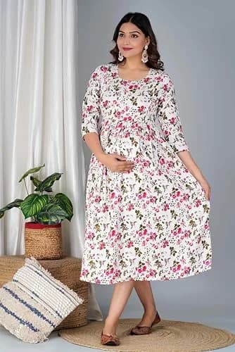Jikonet White Kurta Maternity Dress with Hidden Zip & Overlapping Flaps for Easy Feeding, 100cm (39.37in) Length | Anarkali Style thumbnail 6
