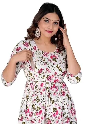 Jikonet White Kurta Maternity Dress with Hidden Zip & Overlapping Flaps for Easy Feeding, 100cm (39.37in) Length | Anarkali Style thumbnail 1